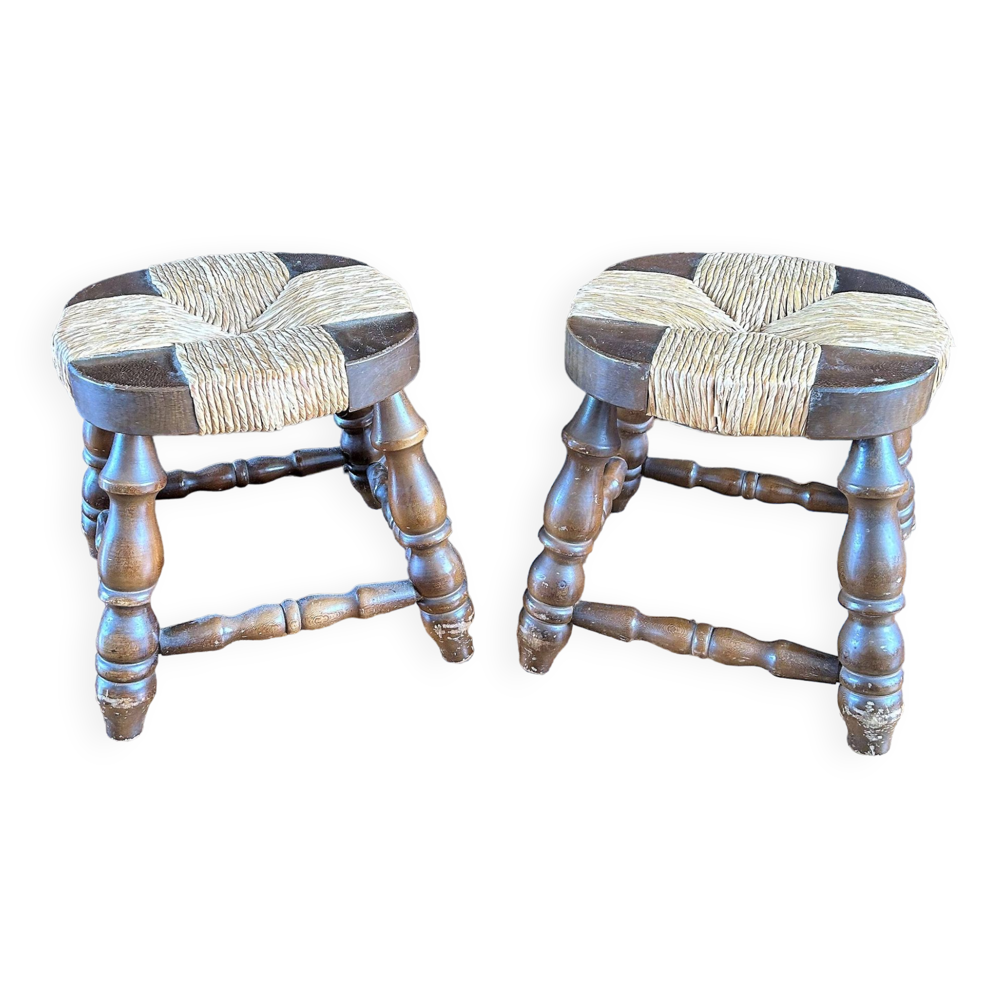 Pair of low stools - vintage wood and straw