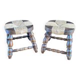 Pair of low stools - vintage wood and straw
