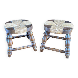 Pair of low stools - vintage wood and straw