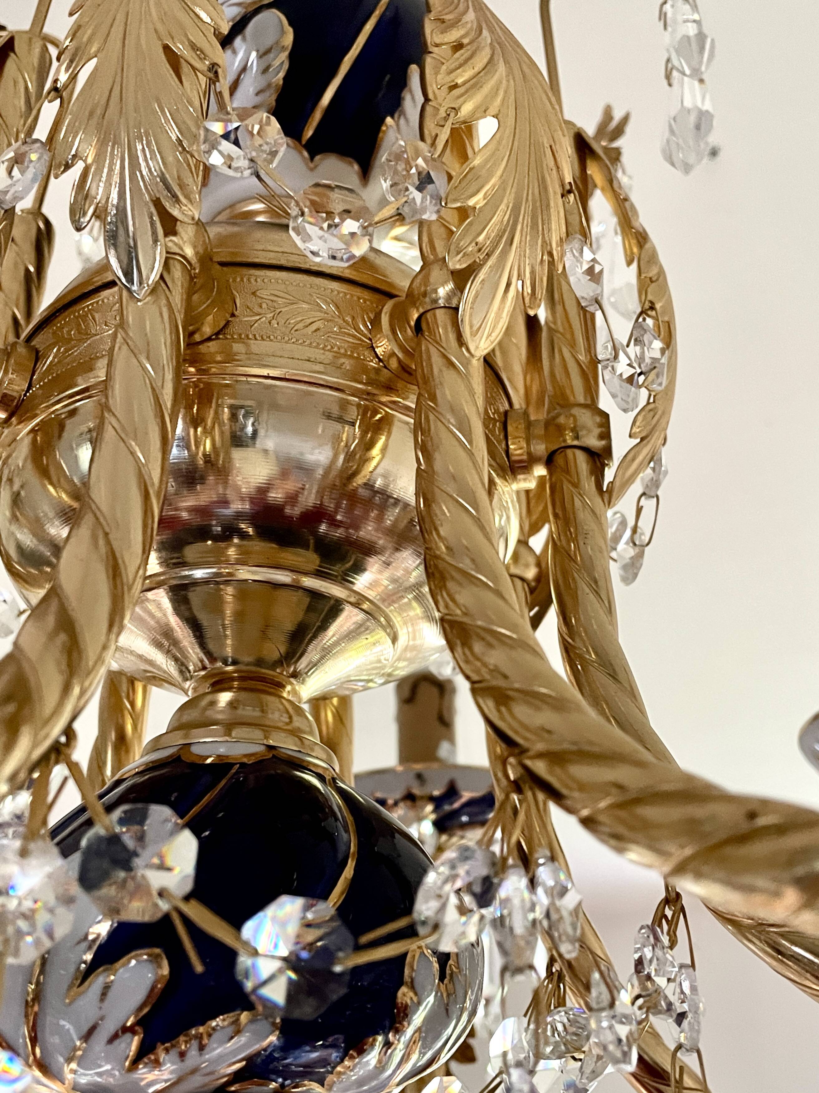 Large Russian chandelier in blue ceramic and crystal pendants, mid-20th century