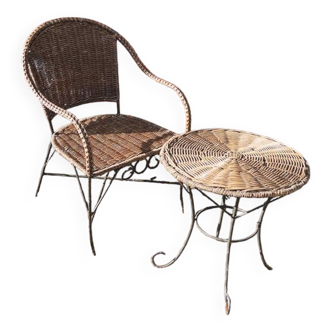 Antique Rattan Children's Armchair & Table