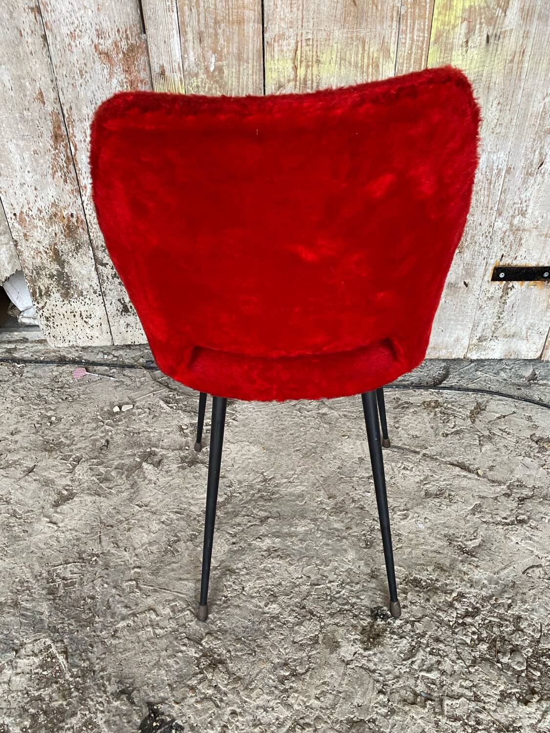 ACHILLE DECOMMERE Chair Red Fur + Black Metal Compass Legs Vintage