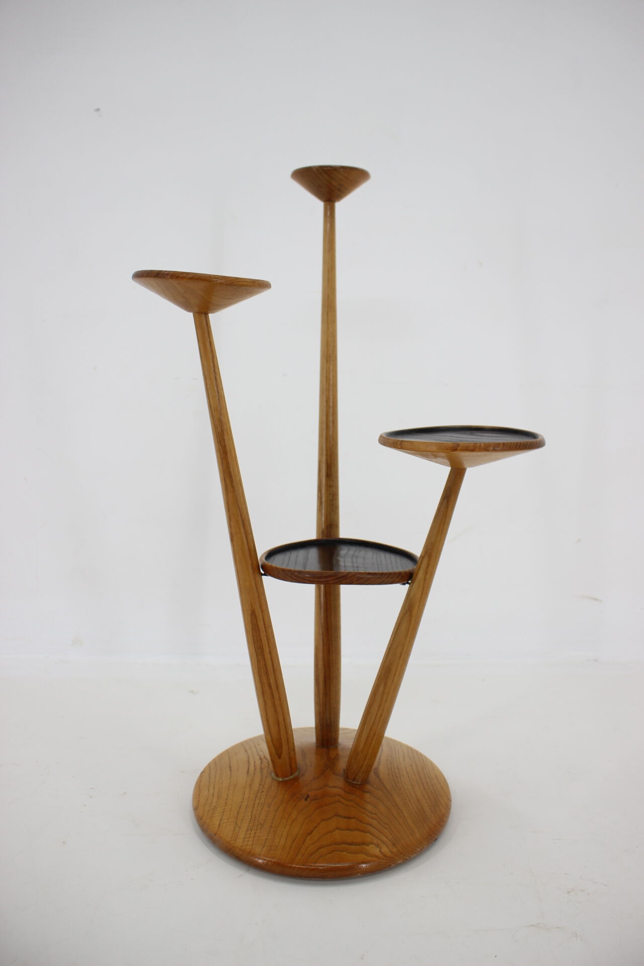 1960s wooden oak plant stand, czechoslovakia