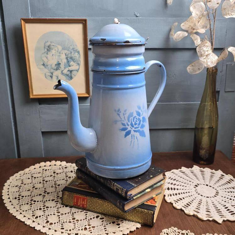 Antique blue enamel coffee pot – complete – floral decoration – 1930s