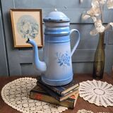 Antique blue enamel coffee pot – complete – floral decoration – 1930s