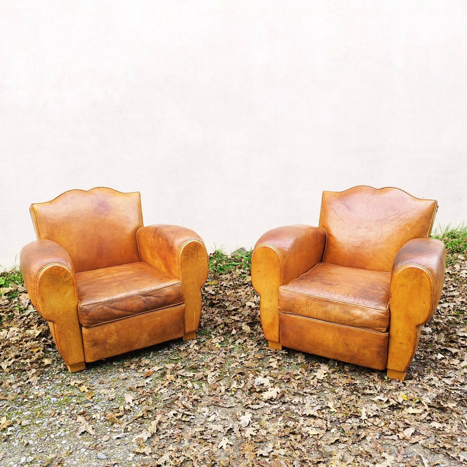 Paire de fauteuils club Moustache vintage cuir fauve