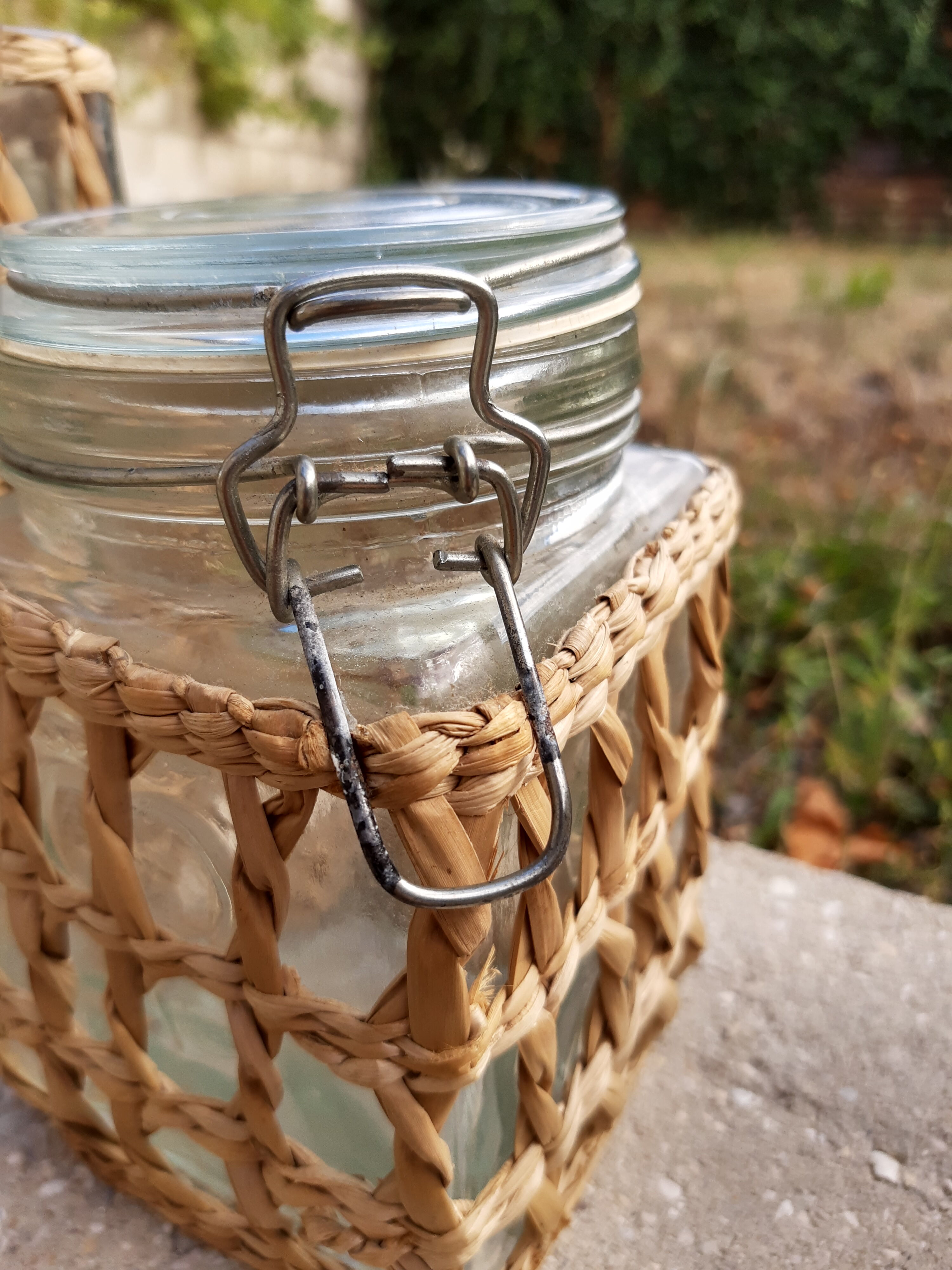 Pair of glass jars and rush