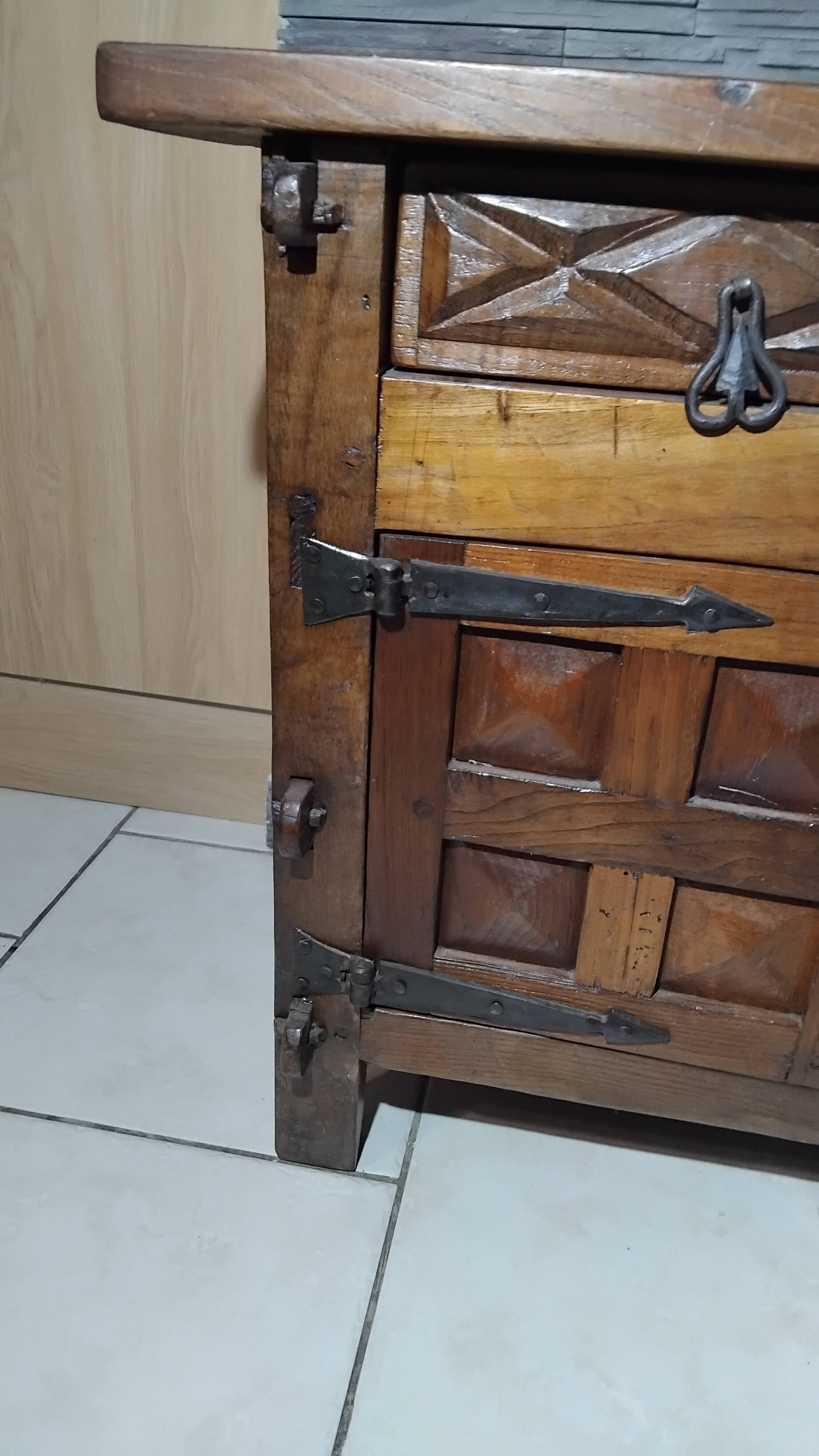 Small vintage brutalist solid oak jam cupboard with wrought iron trim