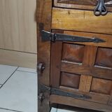 Small vintage brutalist solid oak jam cupboard with wrought iron trim