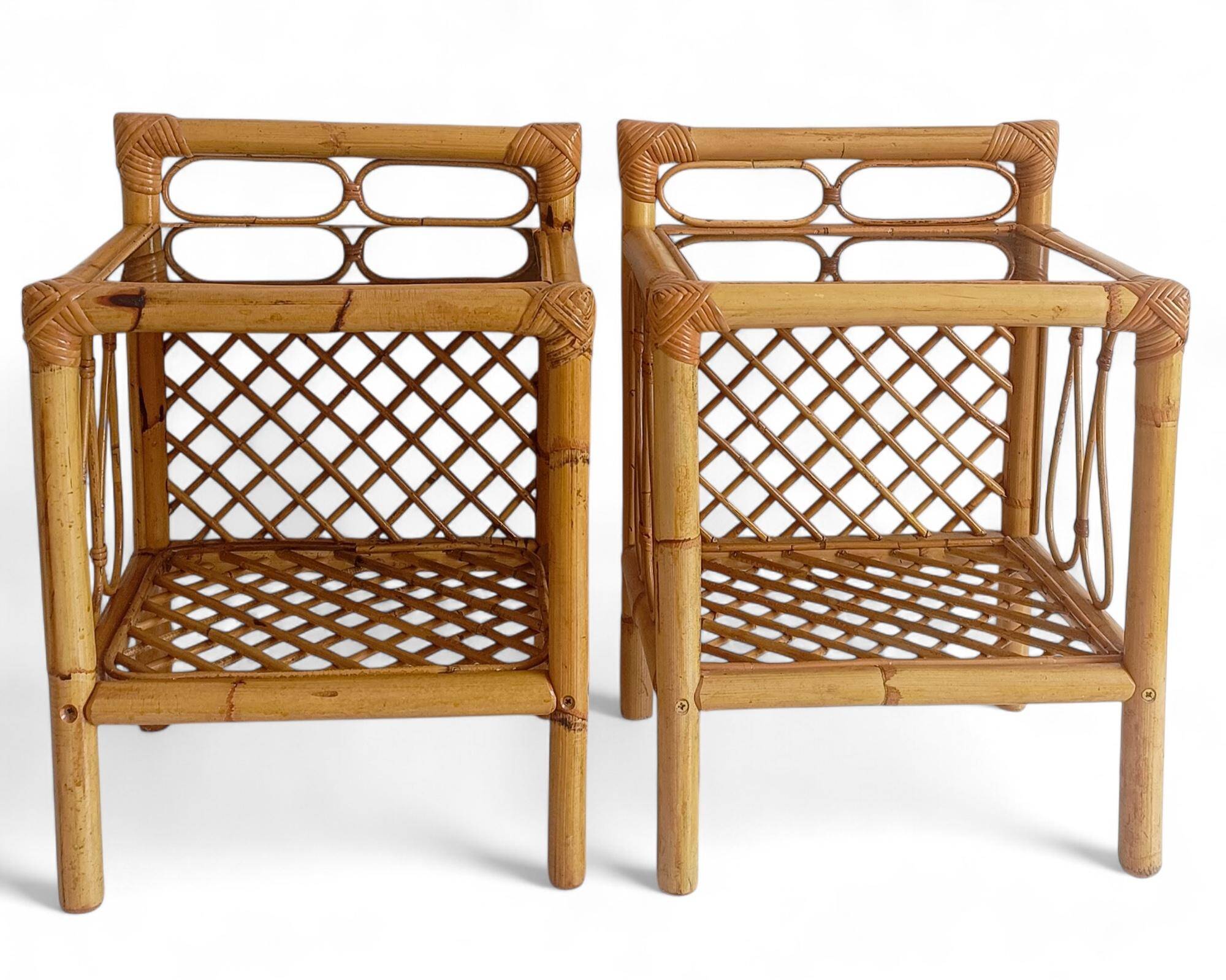Mid-Century Bamboo and Rattan Nightstands, Spain, Hand-Crafted, 1970s