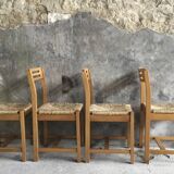 Set of 4 straw chairs in light wood - design 1970
