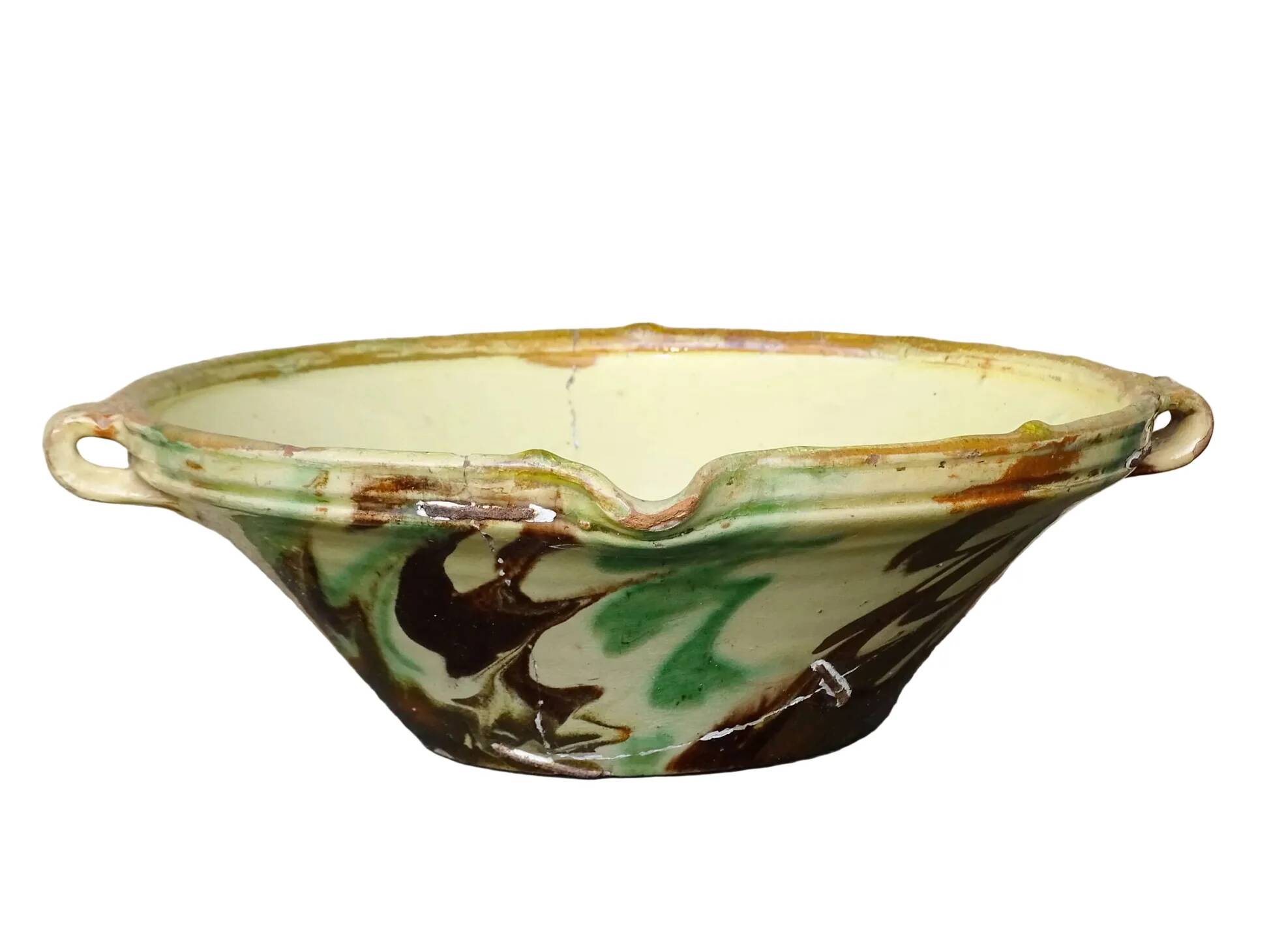French antique ceramic bowl with jaspe glaze, Savoyard