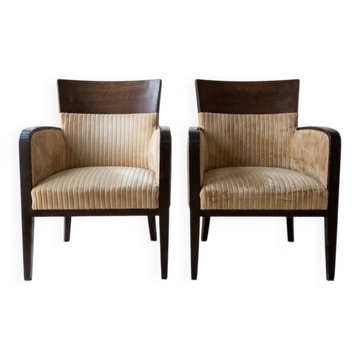 Paire de fauteuils de table Art Déco Montbel en velours beige