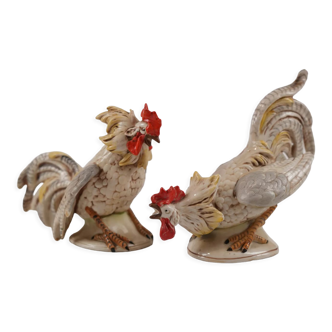 Pair of porcelain fighting roosters