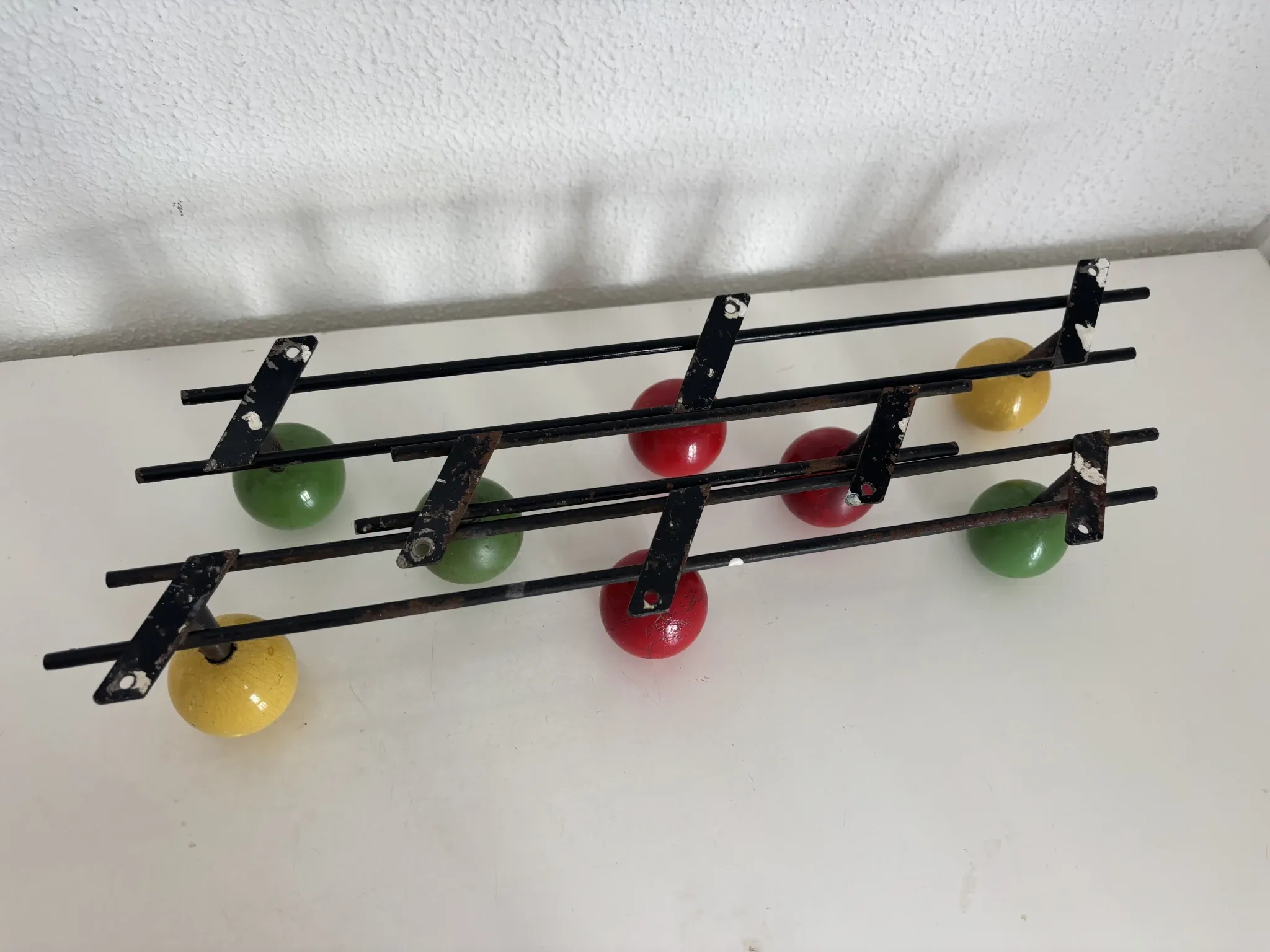 Vintage 1960s tricolour coat rack trio with 3 ball hooks - 45 x 6 / 2