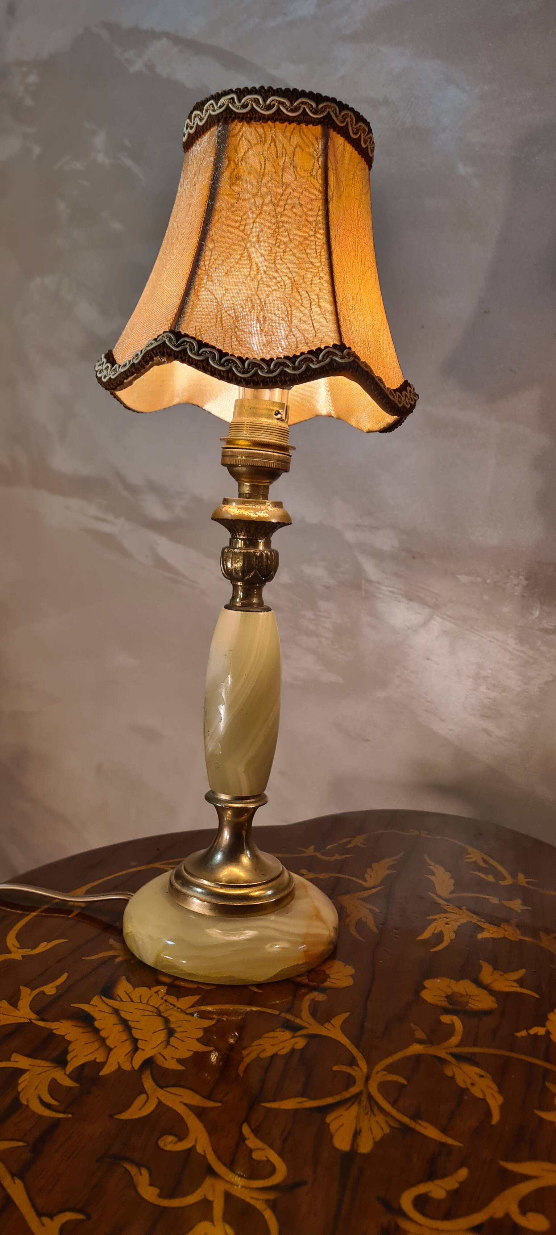 pair of green and brass onix lamps 1970, elec ok 35x14