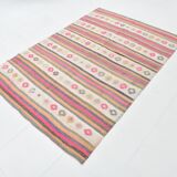 Beige & Pink Wool Kilim Rug, 142x203Cm Handknotted Carpet, 5x7 Rugs