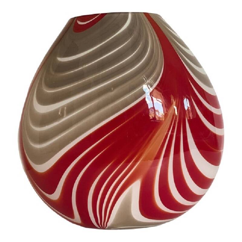 Contemporary abstarct vase in milky-white murano style glass with red and beige reeds