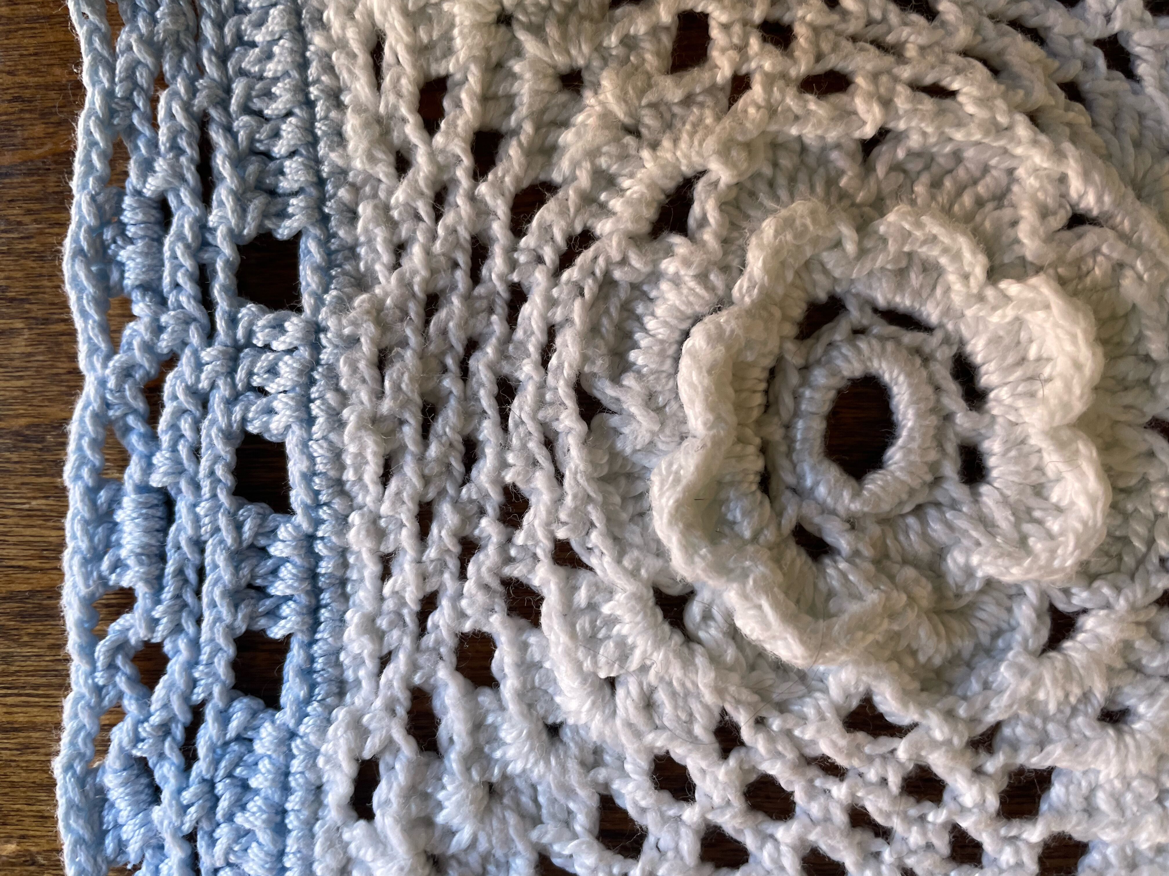 Set of 2 vintage crochet placemats - white, pink and blue