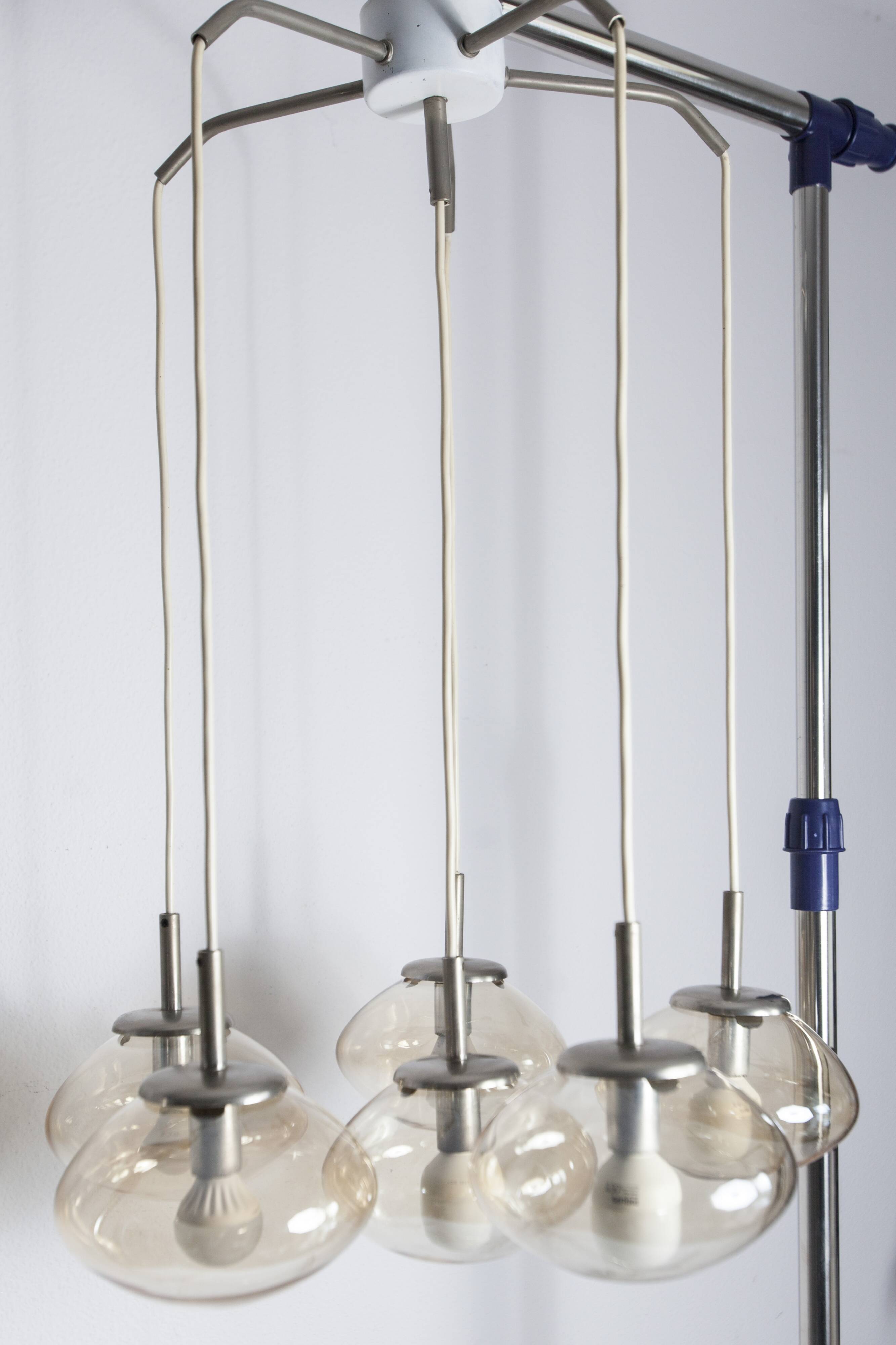 Light smoked glass water drop chandelier with 6 drops from the 1960s.