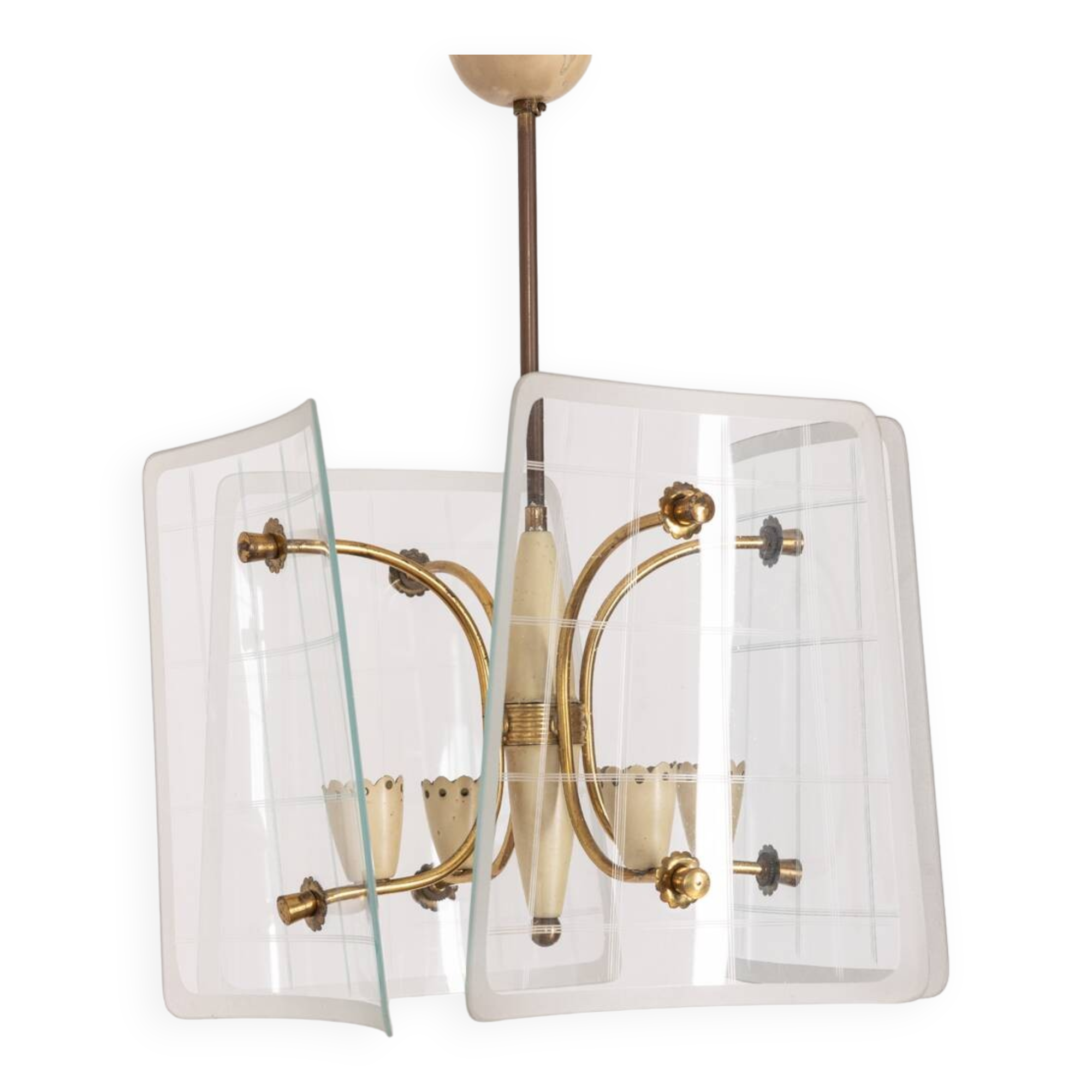 Lustre vintage années 50 en laiton et verre décoré design italien