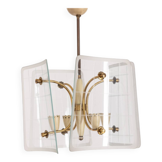 Vintage 50's chandelier in brass and decorated glass italian design