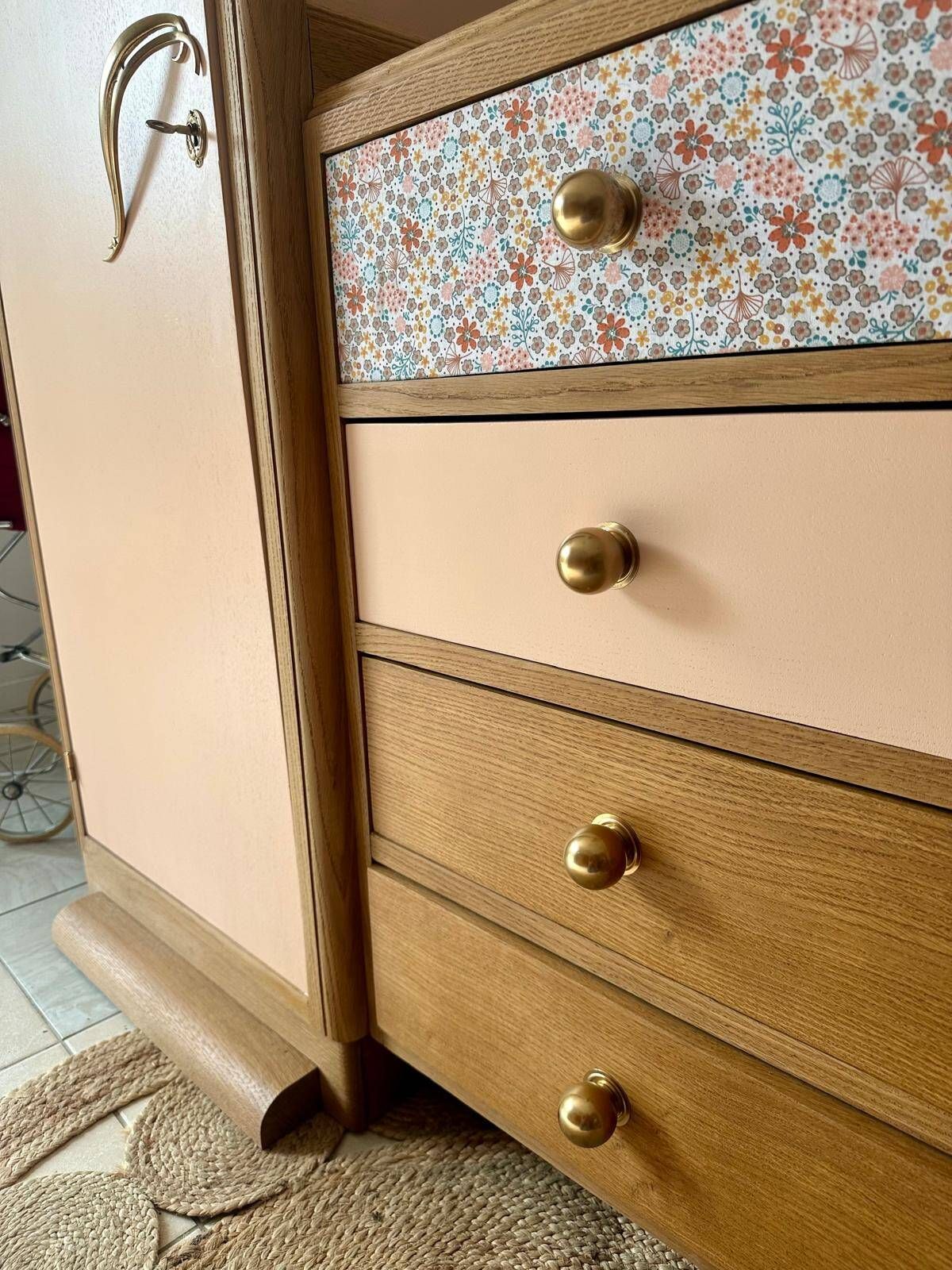 Asymmetrical floral wardrobe, natural oak & powder pink
