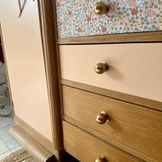 Asymmetrical floral wardrobe, natural oak & powder pink