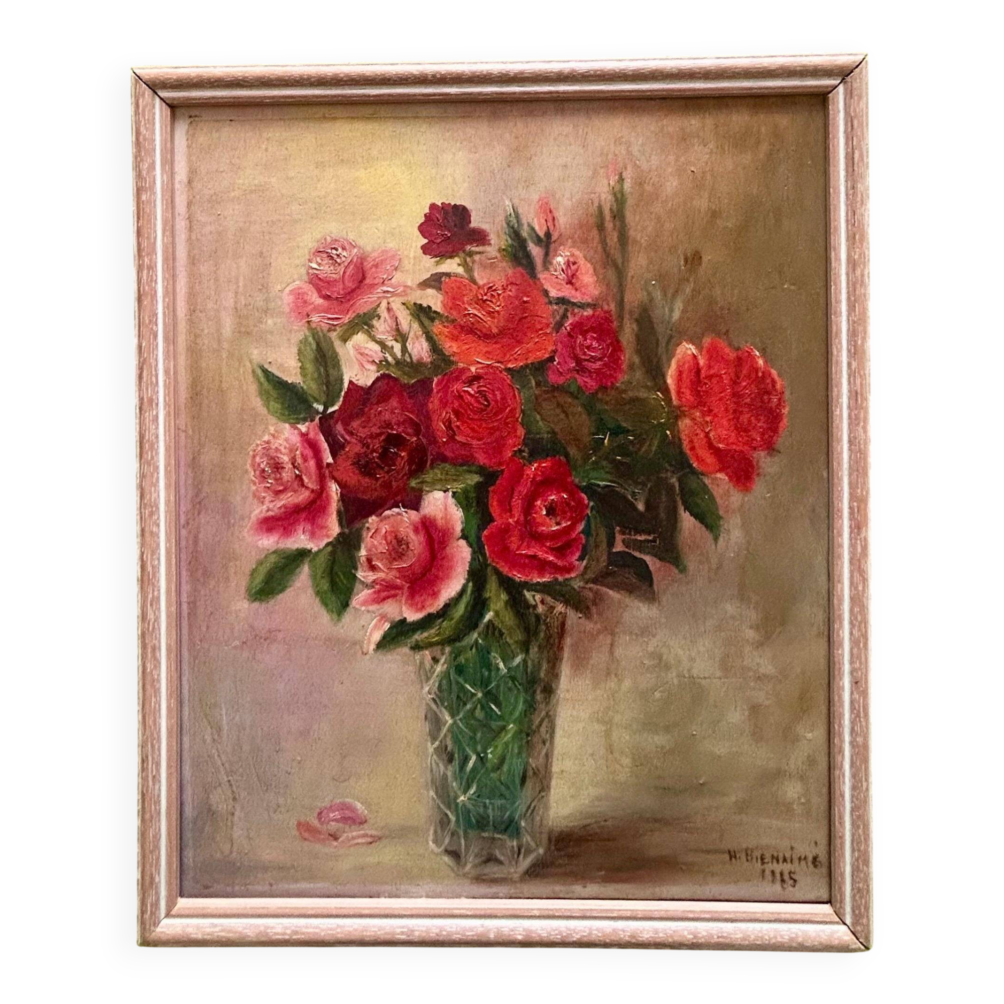French Vintage Floral Oil Painting  Signed W. Bienaime 1985 Romantic Roses