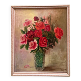 French Vintage Floral Oil Painting  Signed W. Bienaime 1985 Romantic Roses