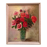 French Vintage Floral Oil Painting  Signed W. Bienaime 1985 Romantic Roses