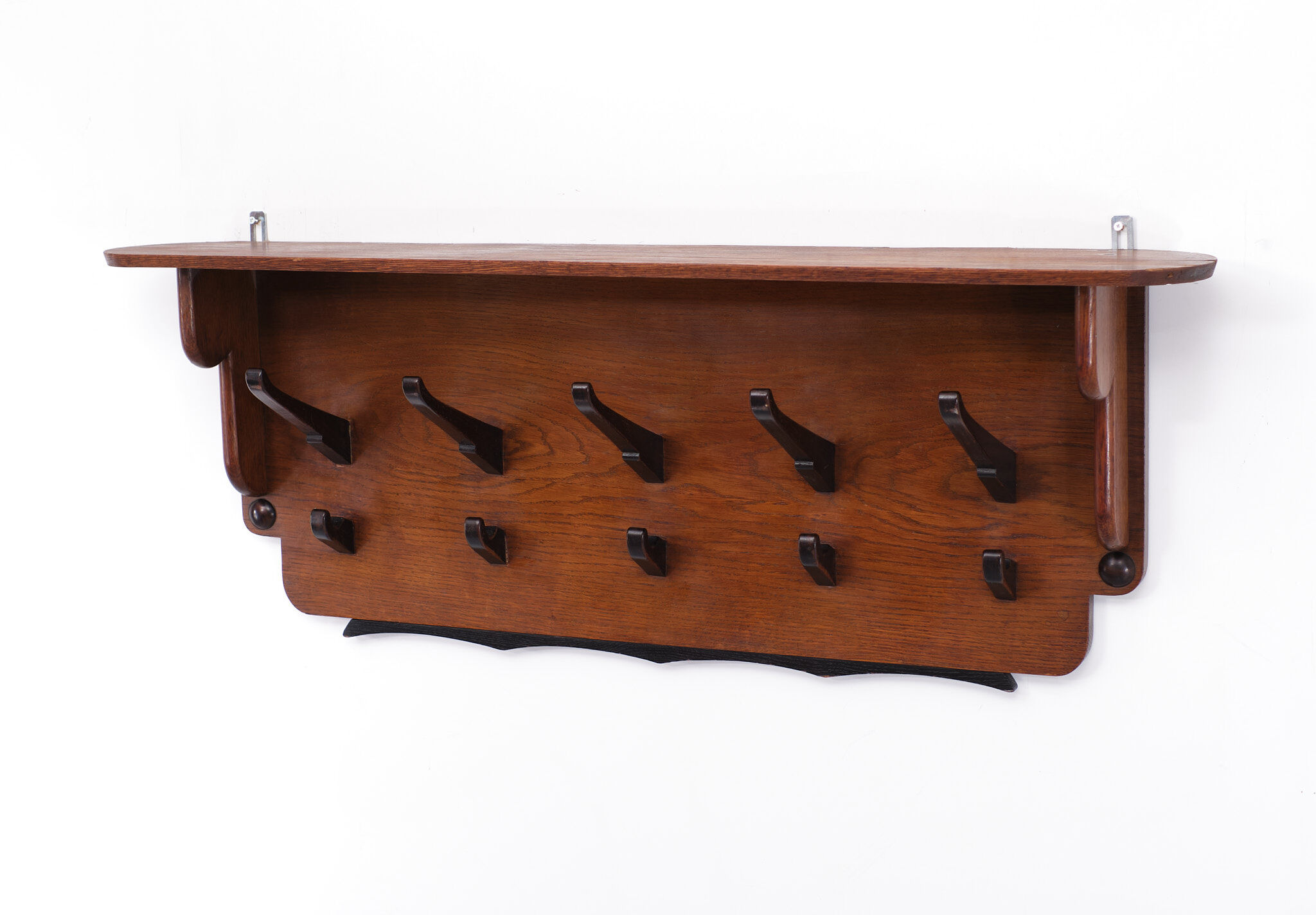 Art deco solid oak wall coatrack, Dutch, 1925