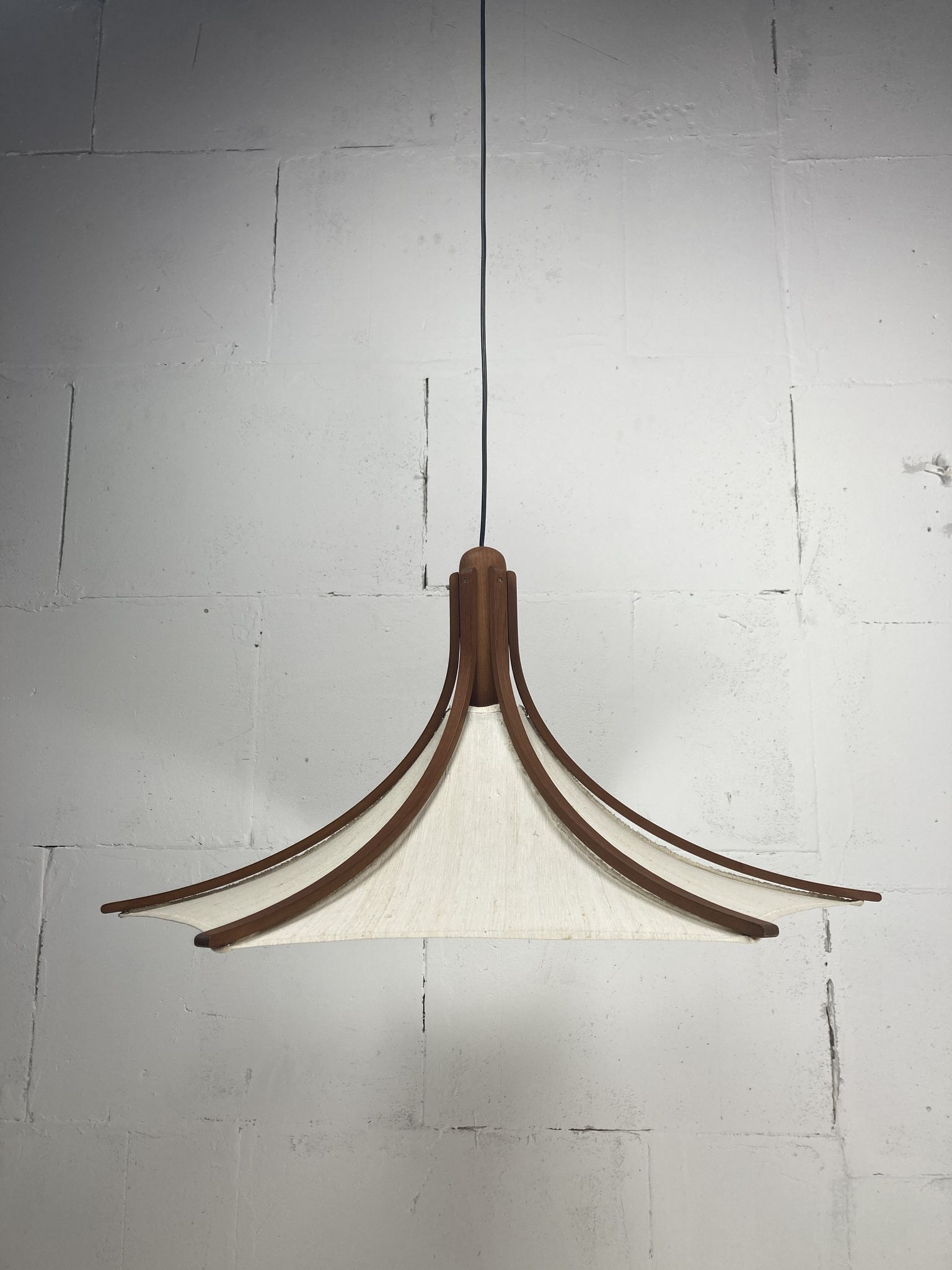 Teak and linen umbrella counter balance pendant by Domus, 1970s