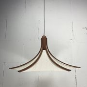 Teak and linen umbrella counter balance pendant by Domus, 1970s