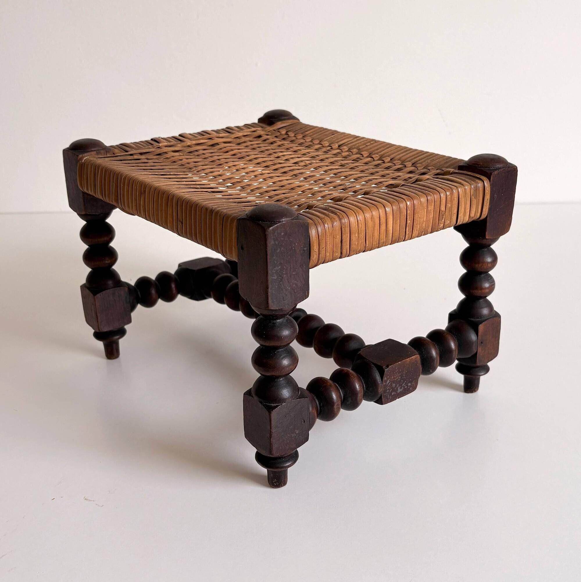 Antique French Turned Wood and Woven Rattan Footstool/ Sidetable