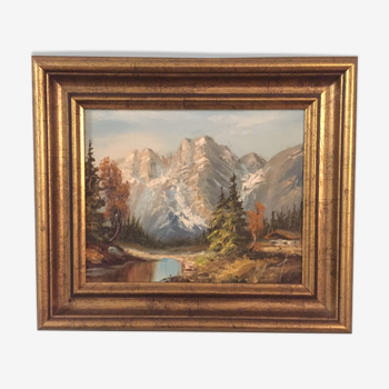 Tableau à l’huile du peintre allemand H. Knauf montagne nature