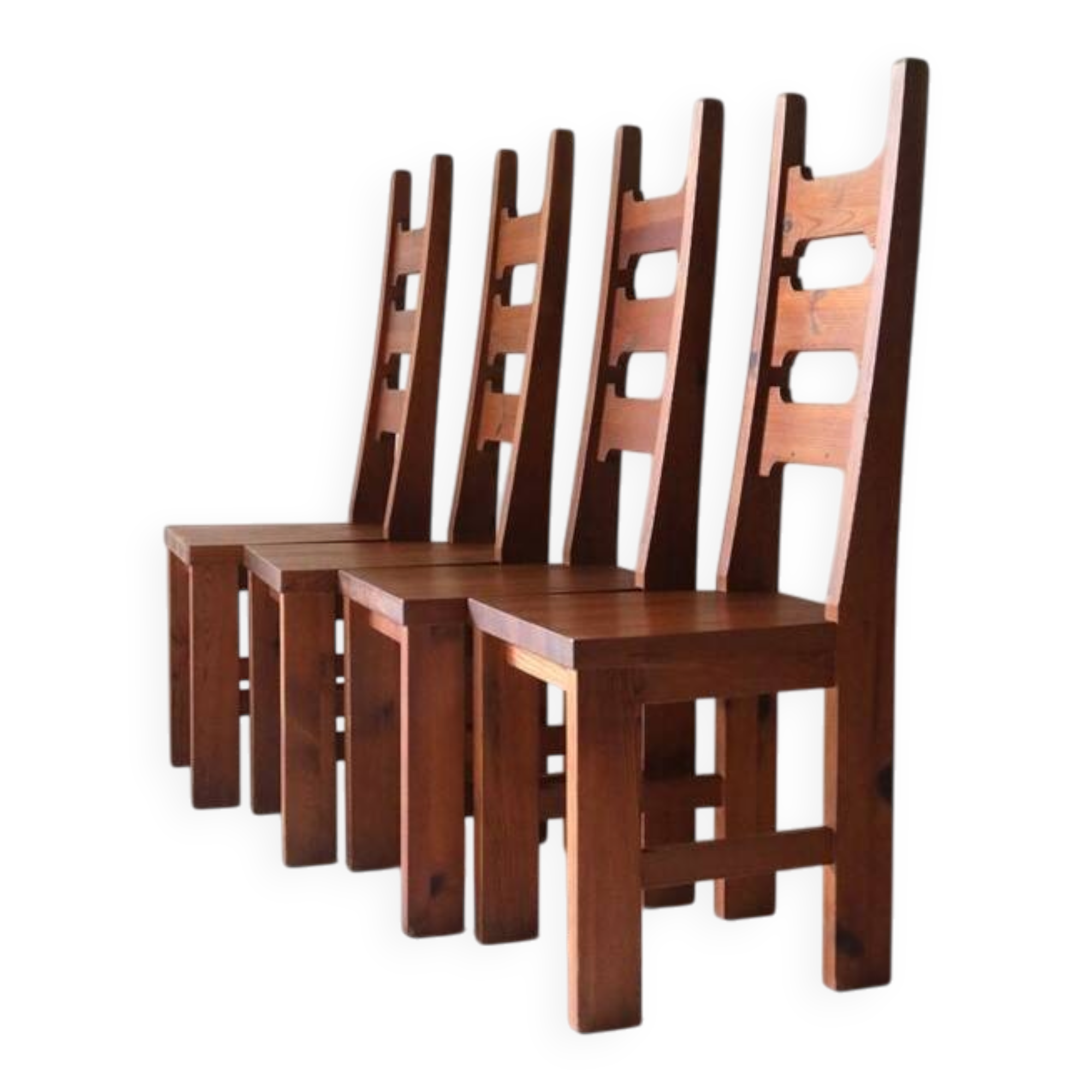 Set of 4 pinewood chairs by Sven Larsson / 1970s / Brutalism / Postmodern design