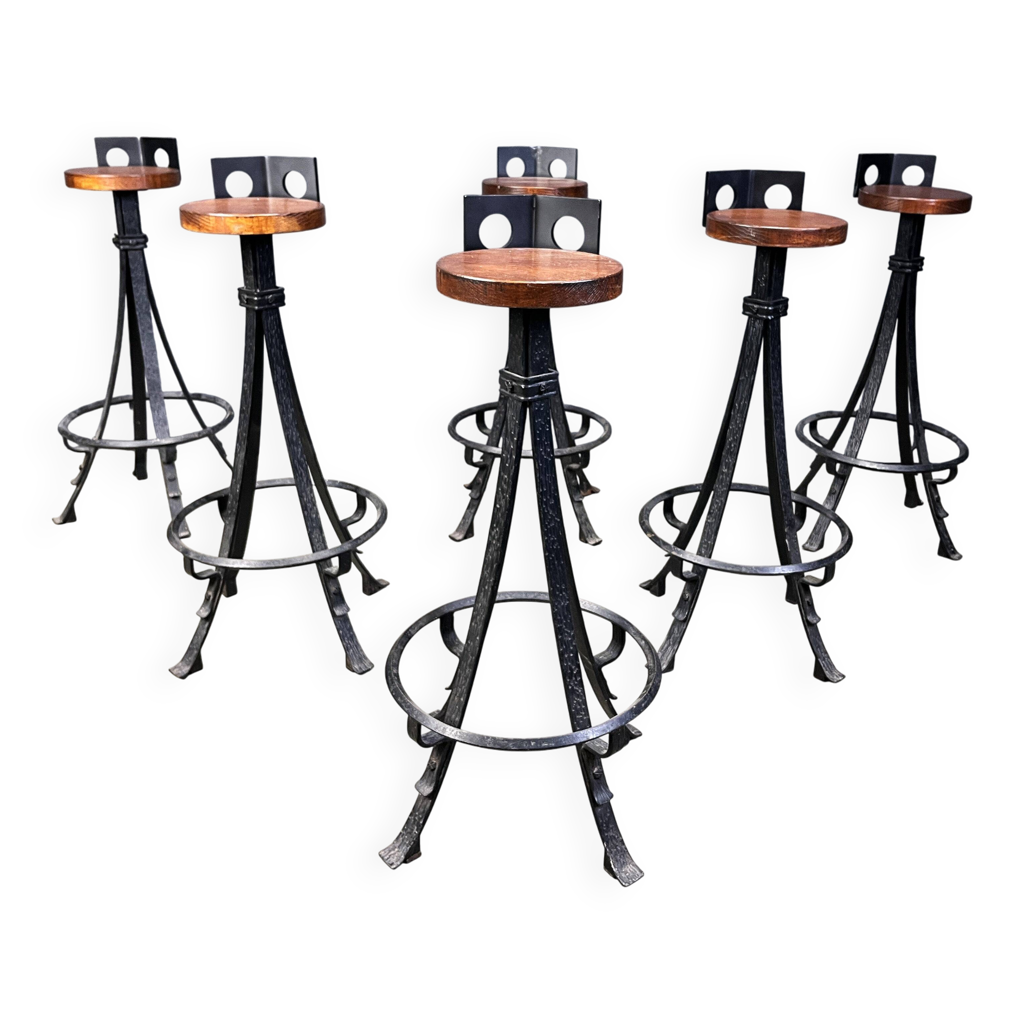 Vintage brutalist wrought iron bar stools, 1960s - set of 6