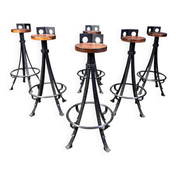 Tabourets de bar en fer forgé brutaliste vintage, années 1960 - ensemble de 6