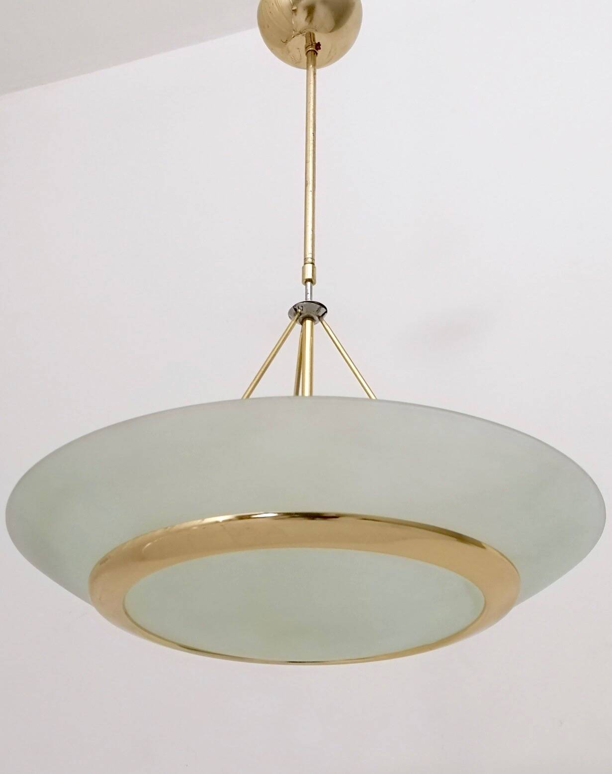 Brass and Aquamarine Etched Glass Bowl Pendant