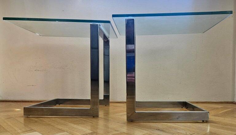 Pair of Midcentury Cantilevered Glass & Chrome Coffee Tables GEBRA, 1980s
