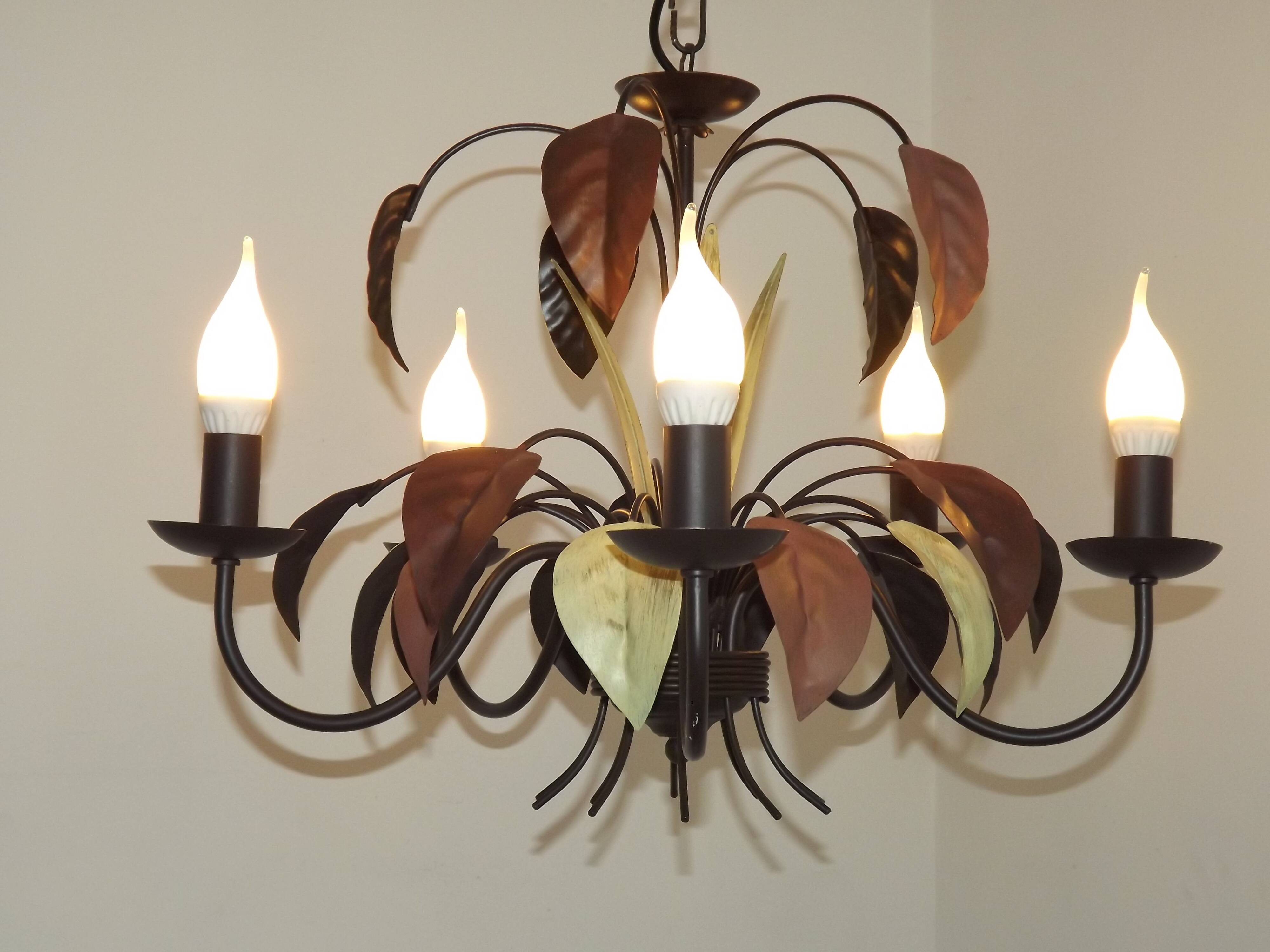 French Vintage 5 Light Brown & Green Tied Boquet Leaf Chandelier