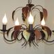 French Vintage 5 Light Brown & Green Tied Boquet Leaf Chandelier