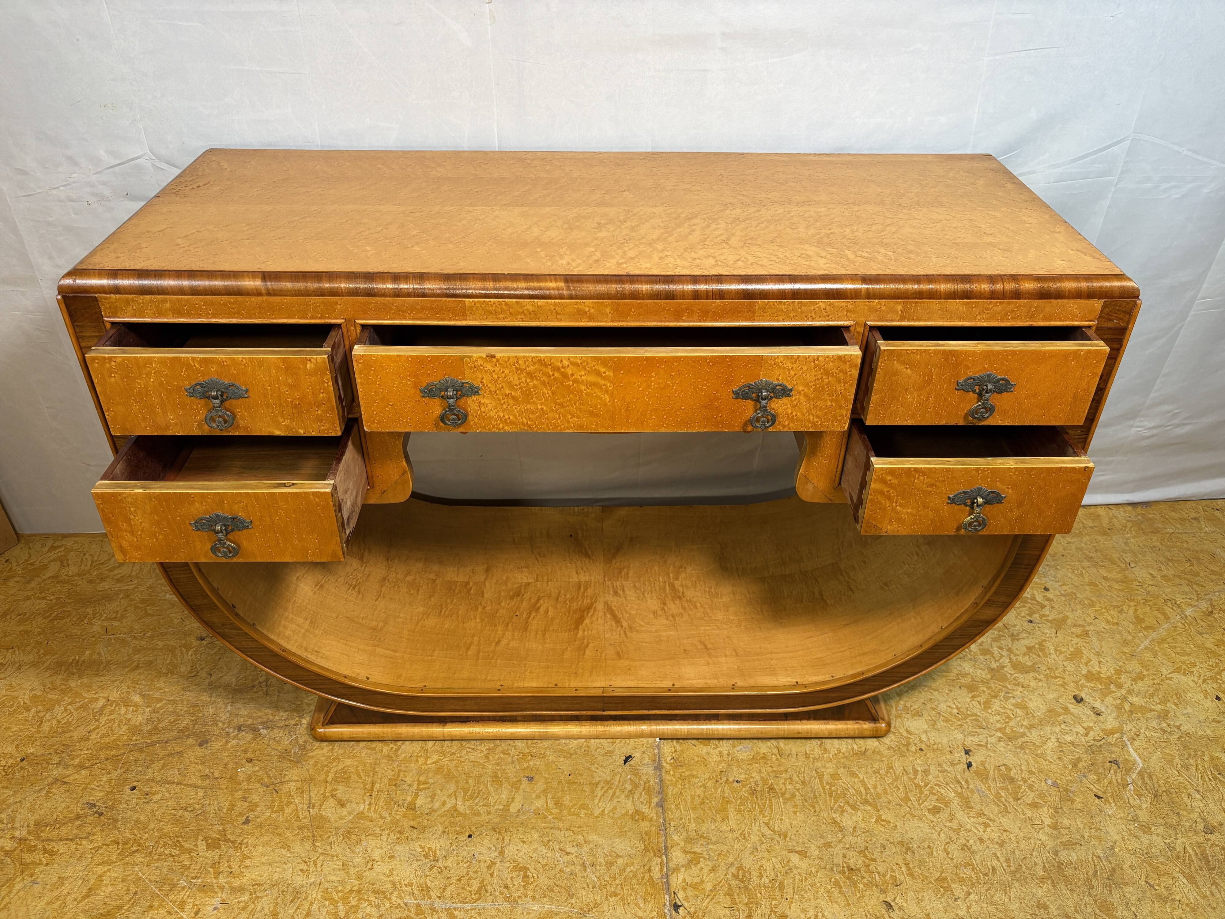 Table console vintage Art Déco en érable à œil d'oiseau 1920-1930 Sweep