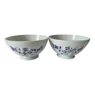 Two vintage farm bowls on a pale blue pedestal with floral decoration.