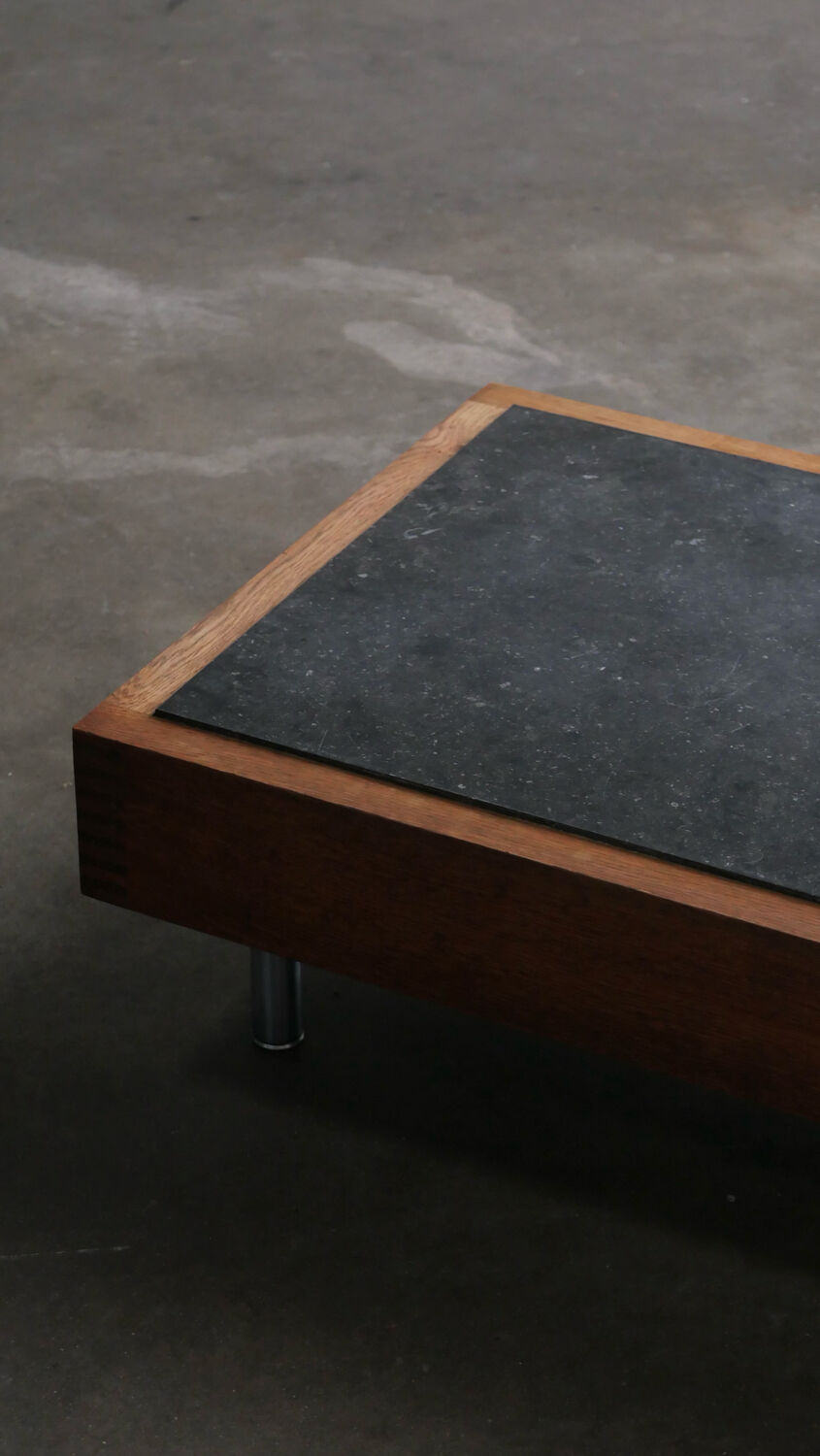 Belgian coffee table from the 80s, oak and blue stone from Belgium.