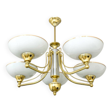 Lustre vintage en laiton et verre opalin – 5 branches – 60 × 54 cm