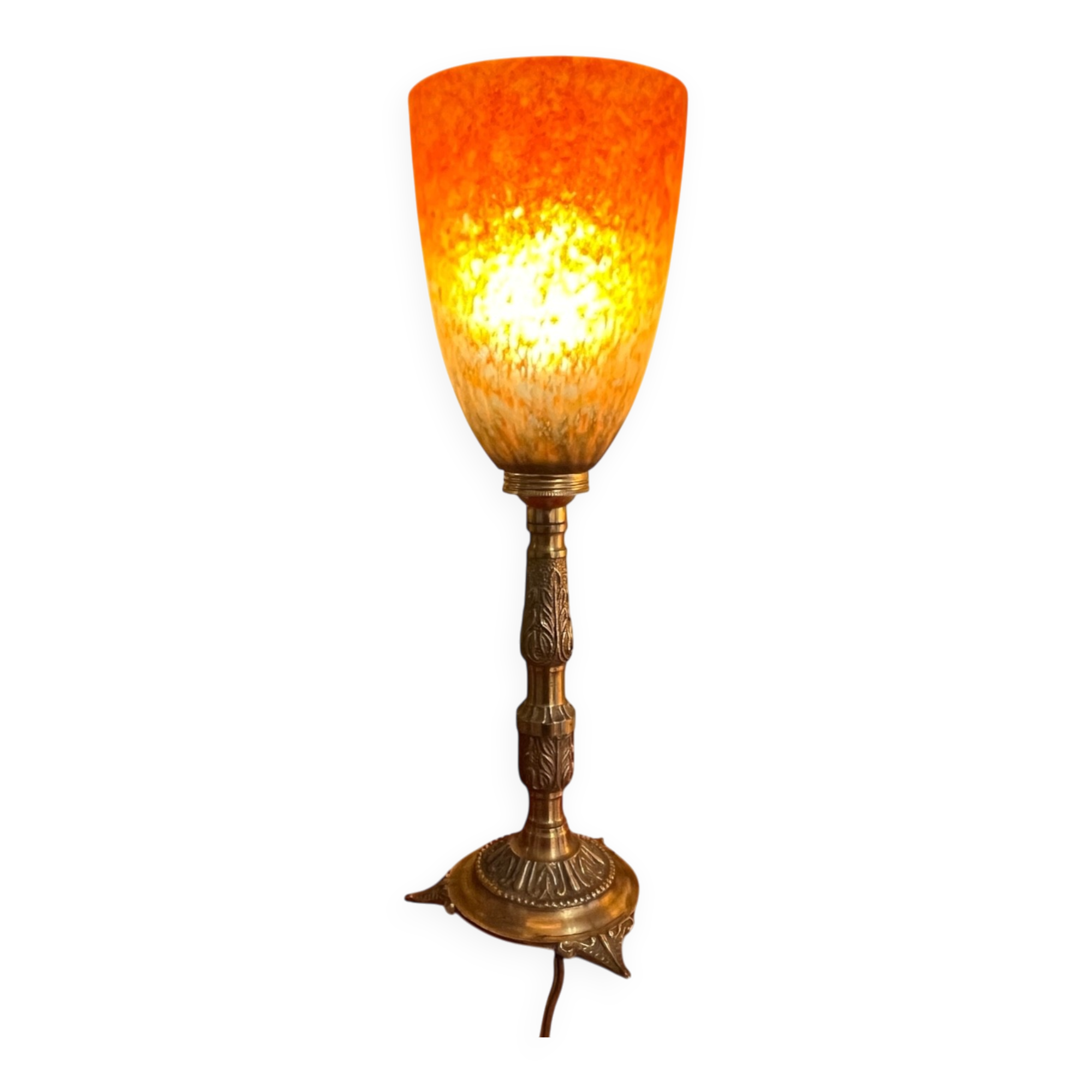 Art Nouveau lamp in bronze and orange marbled glass, 1920.