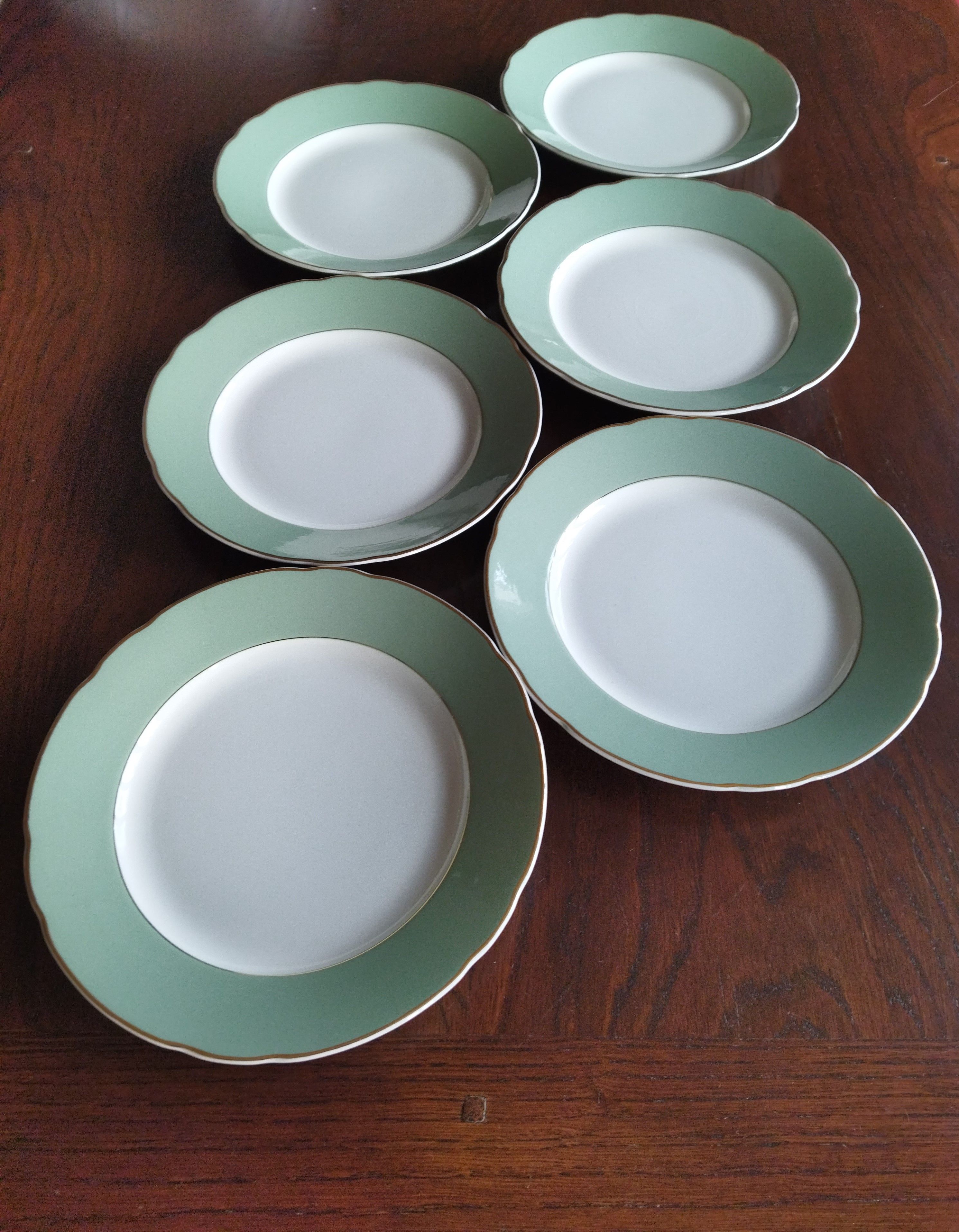 6 flat plates Villeroy & Boch Mettlach celadon green and vintage gold 1960s