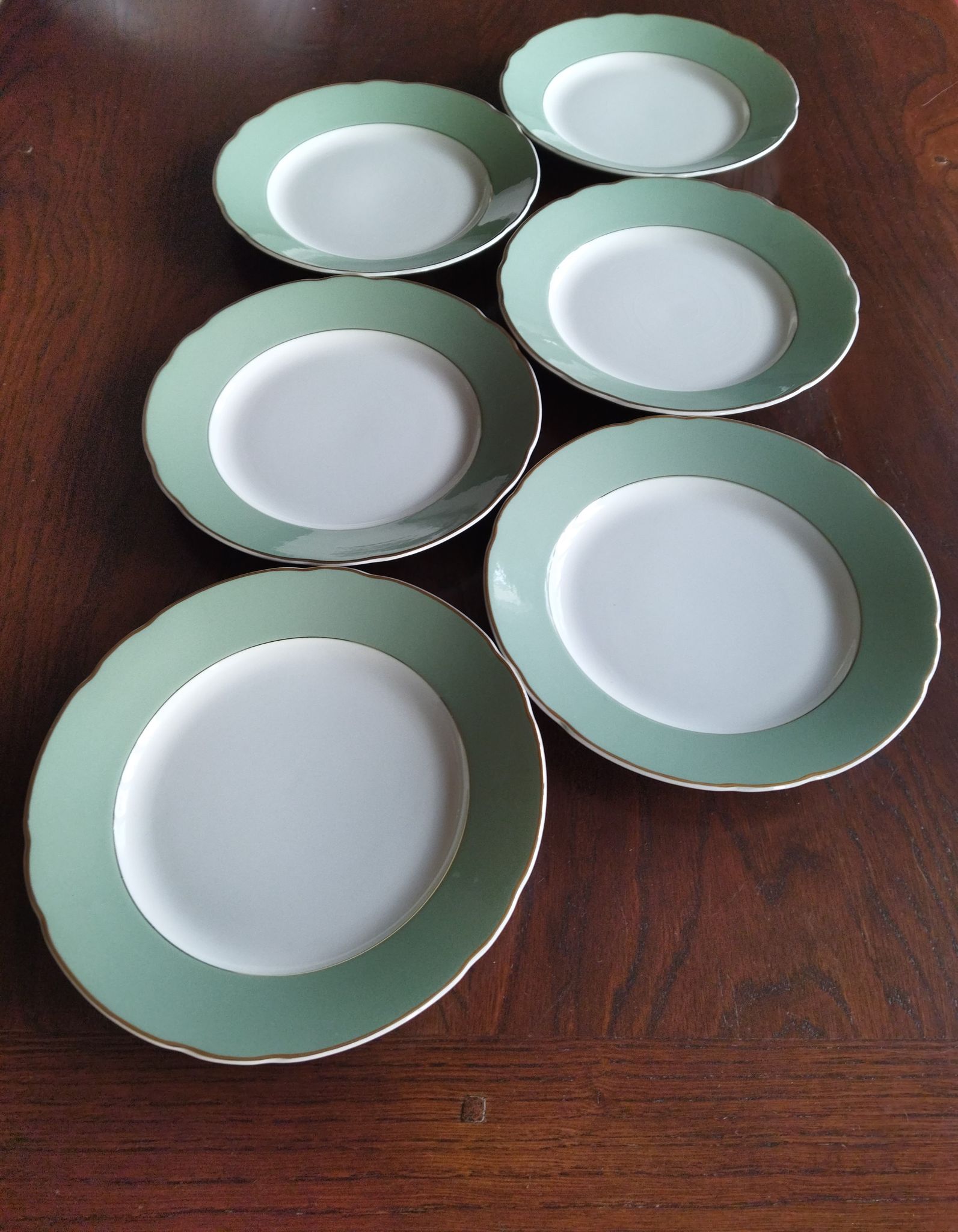 6 flat plates Villeroy & Boch Mettlach celadon green and vintage gold 1960s